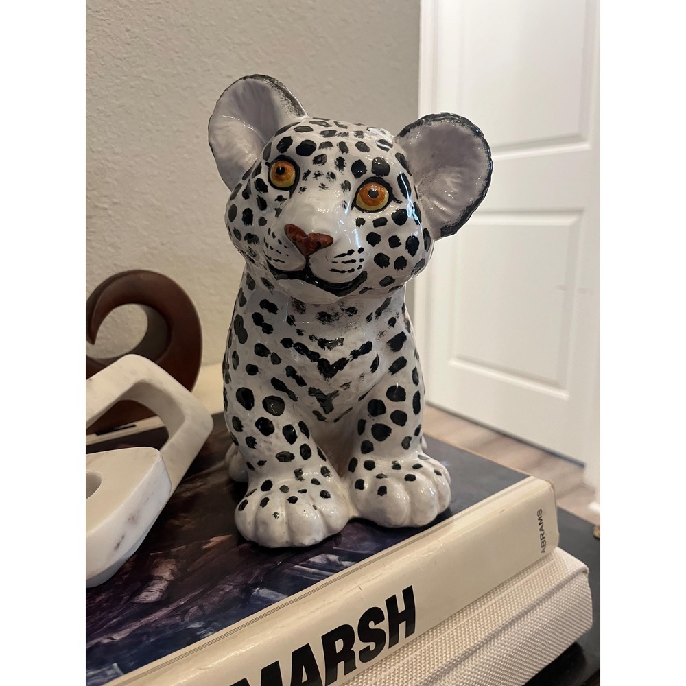 Vintage Mid-Century Majolica Leopard Cub White and Black made in Italy